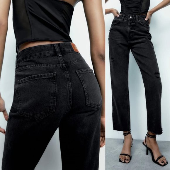 Zara Jeans New Zara Z975 High Waist Rise Straight Cropped Ripped